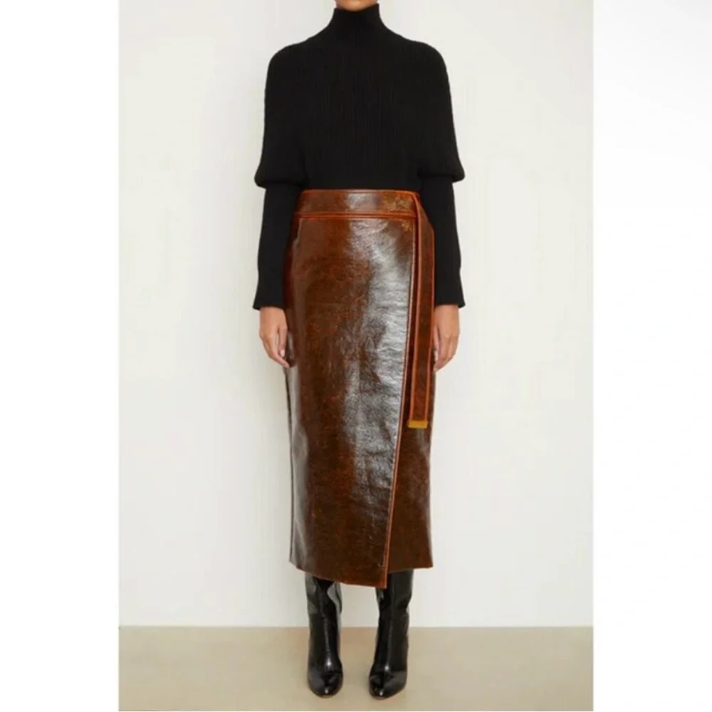 Brandon Maxwell Evelyn Mahogany Brown Maxi Wrap Skirt with Slit - Picture 2 of 12